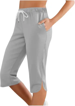 Women Capris for Summer, Side Slits High Waist Drawstring Crop Sweatpant Loose Casual Yoga Lounge Pants with Pockets