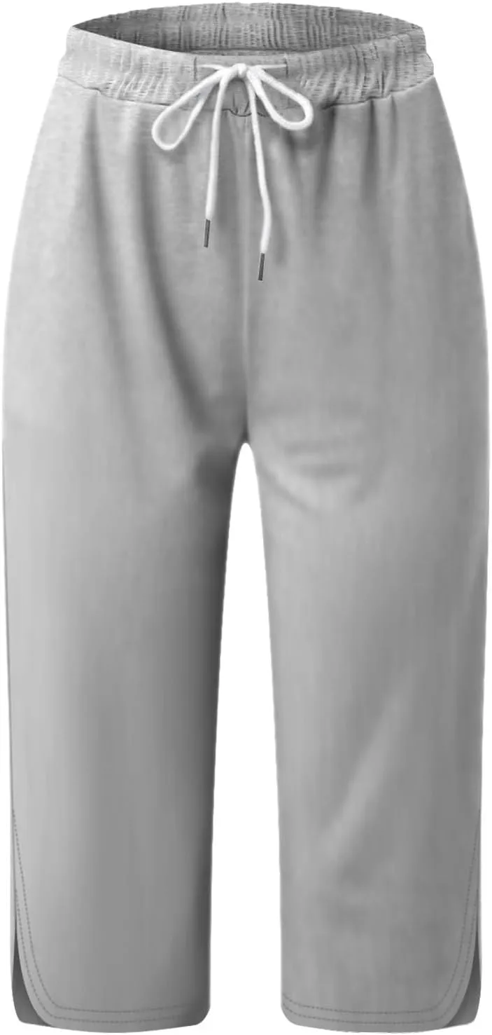 Women Capris for Summer, Side Slits High Waist Drawstring Crop Sweatpant Loose Casual Yoga Lounge Pants with Pockets