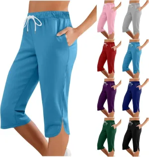 Women Capris for Summer, Side Slits High Waist Drawstring Crop Sweatpant Loose Casual Yoga Lounge Pants with Pockets
