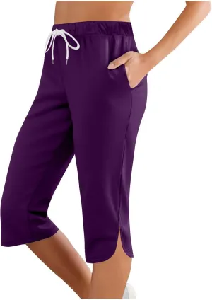 Women Capris for Summer, Side Slits High Waist Drawstring Crop Sweatpant Loose Casual Yoga Lounge Pants with Pockets