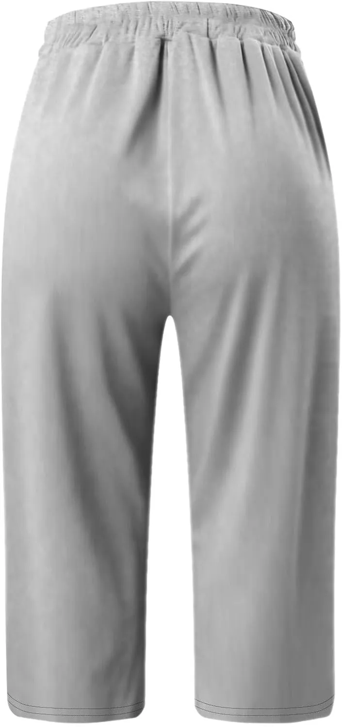 Women Capris for Summer, Side Slits High Waist Drawstring Crop Sweatpant Loose Casual Yoga Lounge Pants with Pockets