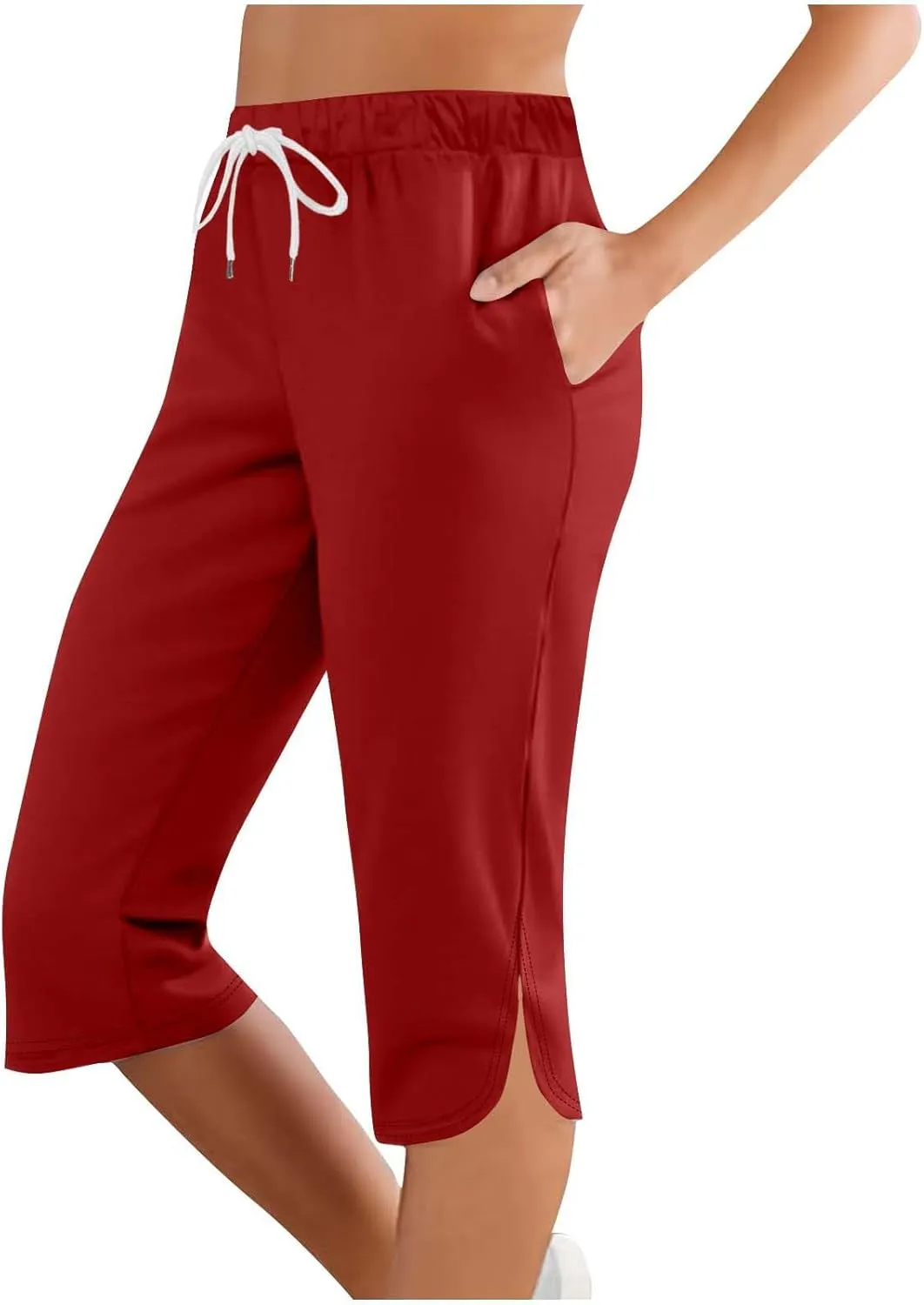 Women Capris for Summer, Side Slits High Waist Drawstring Crop Sweatpant Loose Casual Yoga Lounge Pants with Pockets