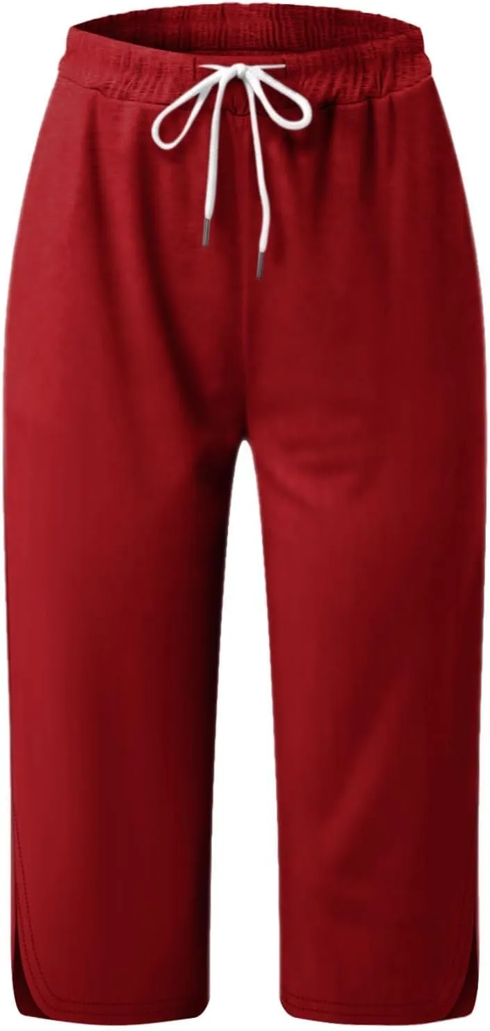 Women Capris for Summer, Side Slits High Waist Drawstring Crop Sweatpant Loose Casual Yoga Lounge Pants with Pockets