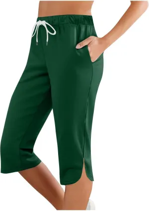 Women Capris for Summer, Side Slits High Waist Drawstring Crop Sweatpant Loose Casual Yoga Lounge Pants with Pockets
