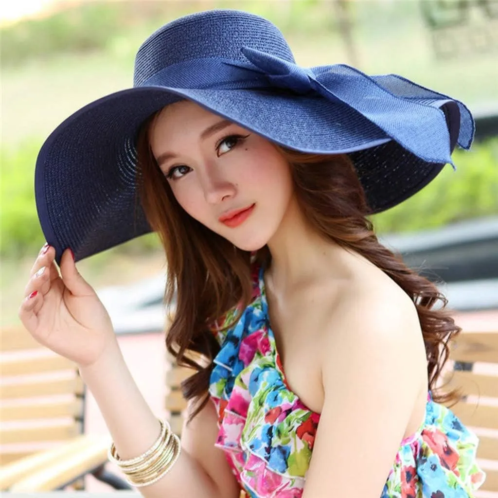 Women Fashion Sun Straw Hat Wide Brim Roll Up Lounce Beach Bowknot Floppy UV Protection Beach Travel Camping Foldable