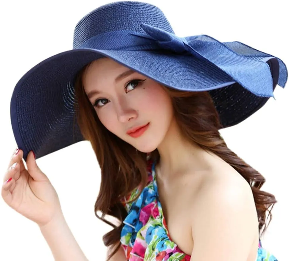 Women Fashion Sun Straw Hat Wide Brim Roll Up Lounce Beach Bowknot Floppy UV Protection Beach Travel Camping Foldable