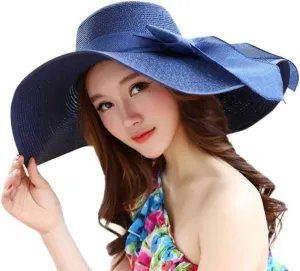 Women Fashion Sun Straw Hat Wide Brim Roll Up Lounce Beach Bowknot Floppy UV Protection Beach Travel Camping Foldable