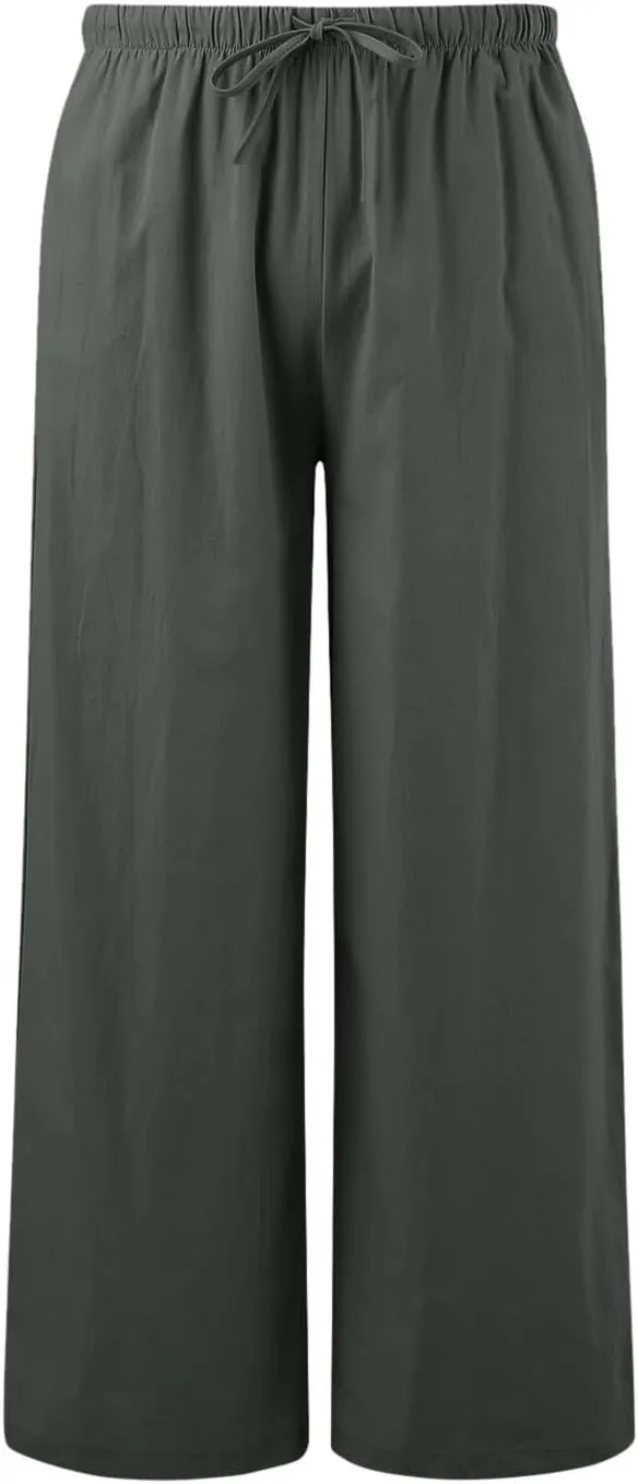 Women High Waisted Wide Leg Pants Drawstring Elastic Trousers Comfy Straight Leg Long Pants with Pockets