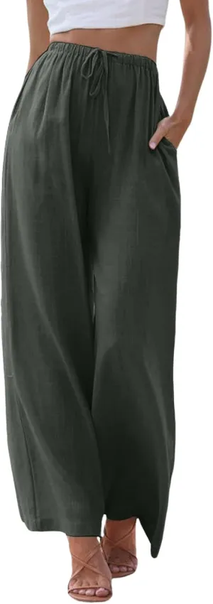Women High Waisted Wide Leg Pants Drawstring Elastic Trousers Comfy Straight Leg Long Pants with Pockets