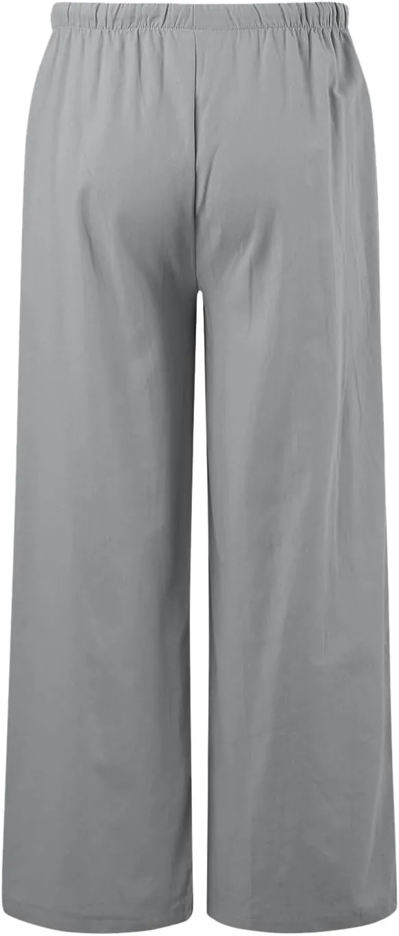 Women High Waisted Wide Leg Pants Drawstring Elastic Trousers Comfy Straight Leg Long Pants with Pockets