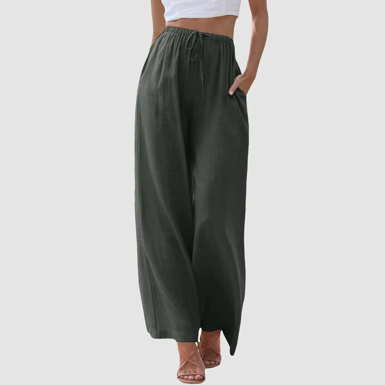 Women High Waisted Wide Leg Pants Drawstring Elastic Trousers Comfy Straight Leg Long Pants with Pockets