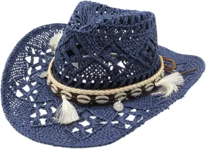 Women Men Straw Cowboy Hat Hollow Out Wide Brim Western Cowgirl Hats Tassel Foldable Summer Vacation Party Travel Sun Hats