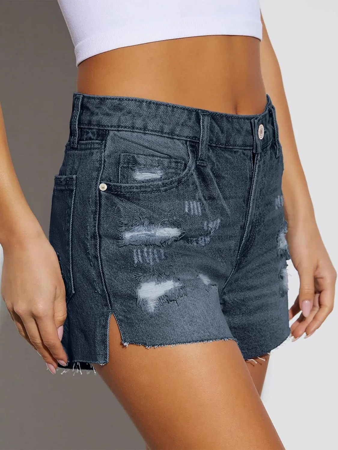 Women Mid Rise Ripped Jean Shorts Casual Stretchy Denim Shorts Frayed Raw Hem