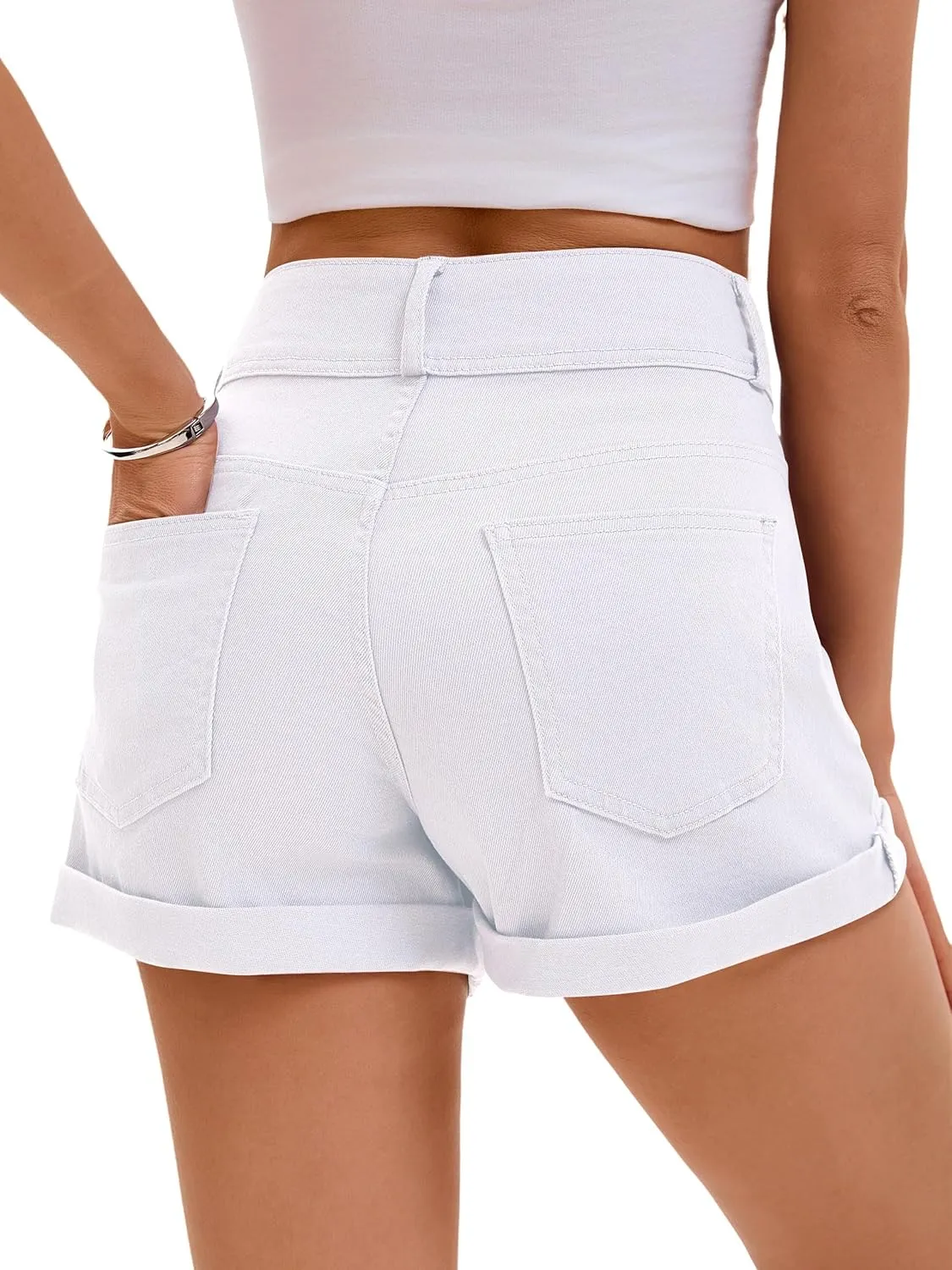 Women Mid Rise Ripped Jean Shorts Casual Stretchy Denim Shorts Frayed Raw Hem