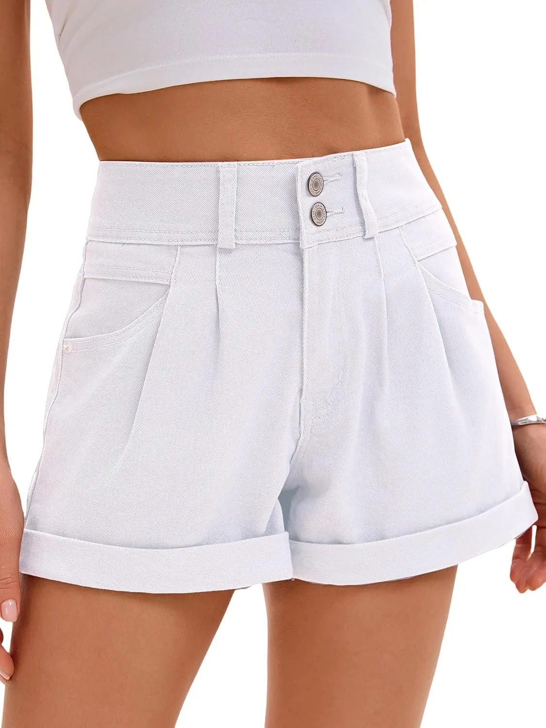 Women Mid Rise Ripped Jean Shorts Casual Stretchy Denim Shorts Frayed Raw Hem