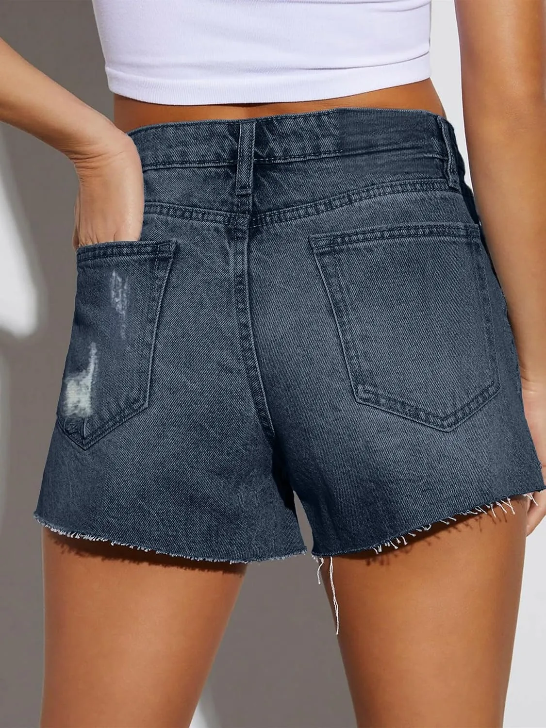 Women Mid Rise Ripped Jean Shorts Casual Stretchy Denim Shorts Frayed Raw Hem