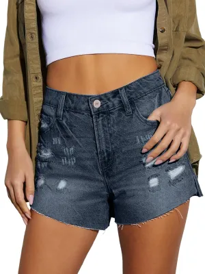 Women Mid Rise Ripped Jean Shorts Casual Stretchy Denim Shorts Frayed Raw Hem