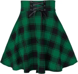 Women Plaid Mini Skirts A Line Pleated Skirts Lace Up Casual Skirts High Waist Skater Skirts Vintage Casual Skirts