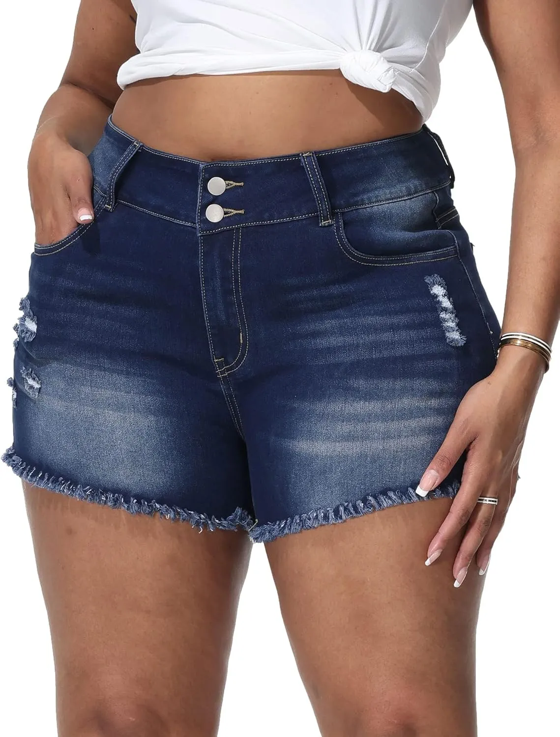 Women Plus Size Jean Shorts Sexy Stretchy High Waisted Frayed Raw Hem Denim Shorts