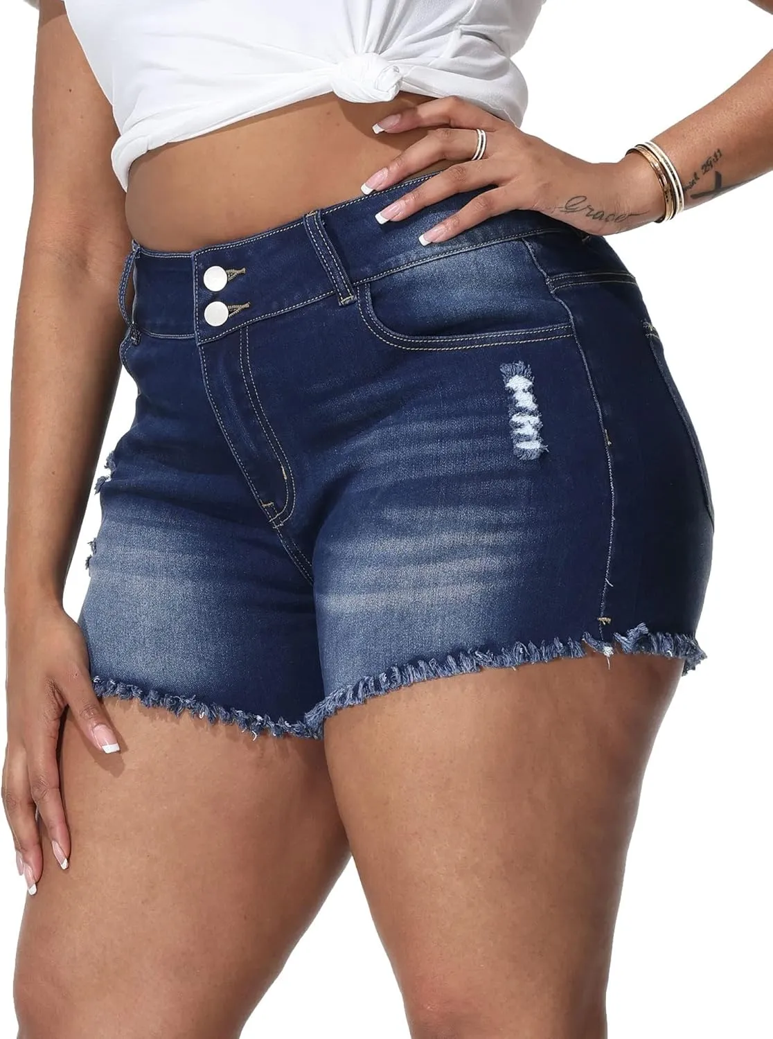Women Plus Size Jean Shorts Sexy Stretchy High Waisted Frayed Raw Hem Denim Shorts