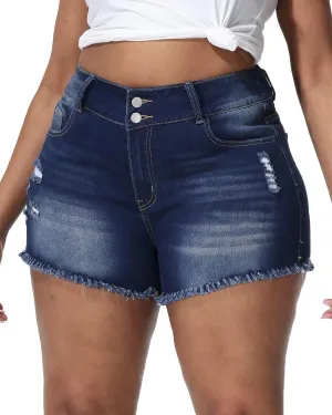 Women Plus Size Jean Shorts Sexy Stretchy High Waisted Frayed Raw Hem Denim Shorts