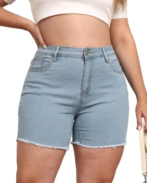 Women Plus Size Jean Shorts Stretchy High Waisted Frayed Raw Hem Denim Shorts 5.5" Inseam