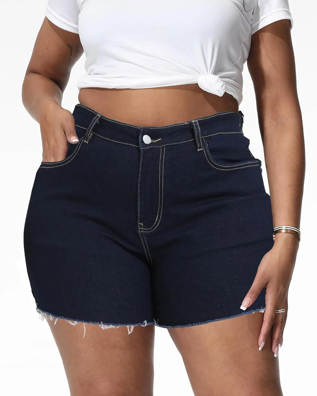 Women Plus Size Jean Shorts Stretchy High Waisted Frayed Raw Hem Denim Shorts 5.5" Inseam