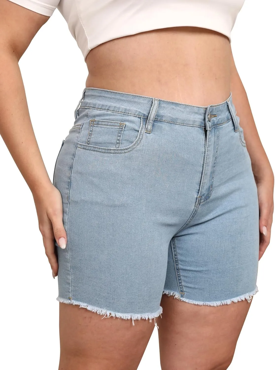Women Plus Size Jean Shorts Stretchy High Waisted Frayed Raw Hem Denim Shorts 5.5" Inseam