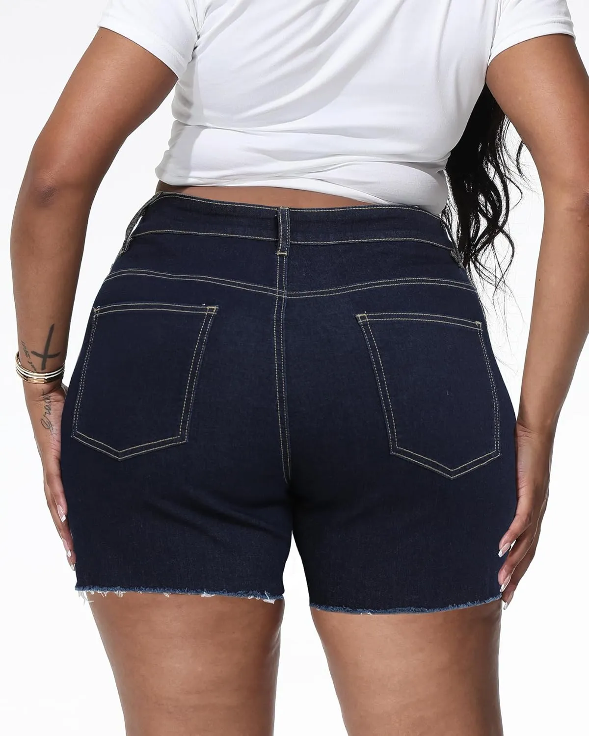 Women Plus Size Jean Shorts Stretchy High Waisted Frayed Raw Hem Denim Shorts 5.5" Inseam