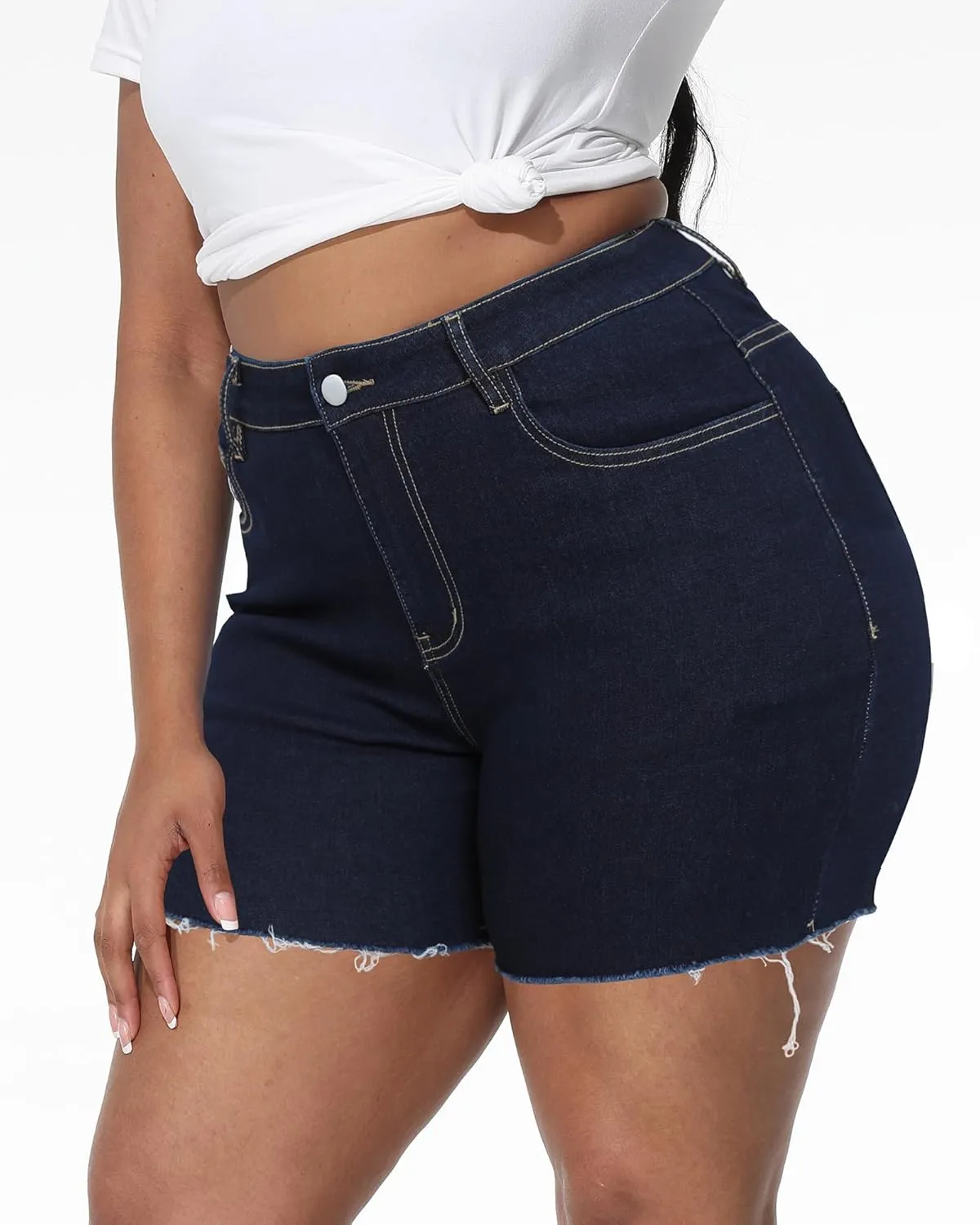 Women Plus Size Jean Shorts Stretchy High Waisted Frayed Raw Hem Denim Shorts 5.5" Inseam