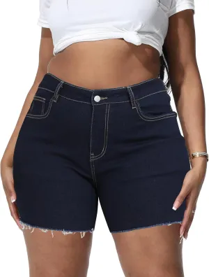 Women Plus Size Jean Shorts Stretchy High Waisted Frayed Raw Hem Denim Shorts 5.5" Inseam