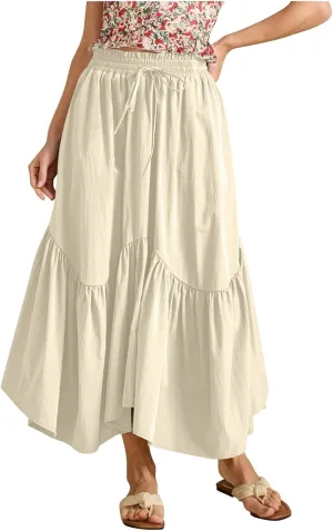 Women Ruched Ruffle Hem Long Skirt, Solid Color Comfy Drawstring Casual Skirts Loose Flowy Summer Clothes with Pockets