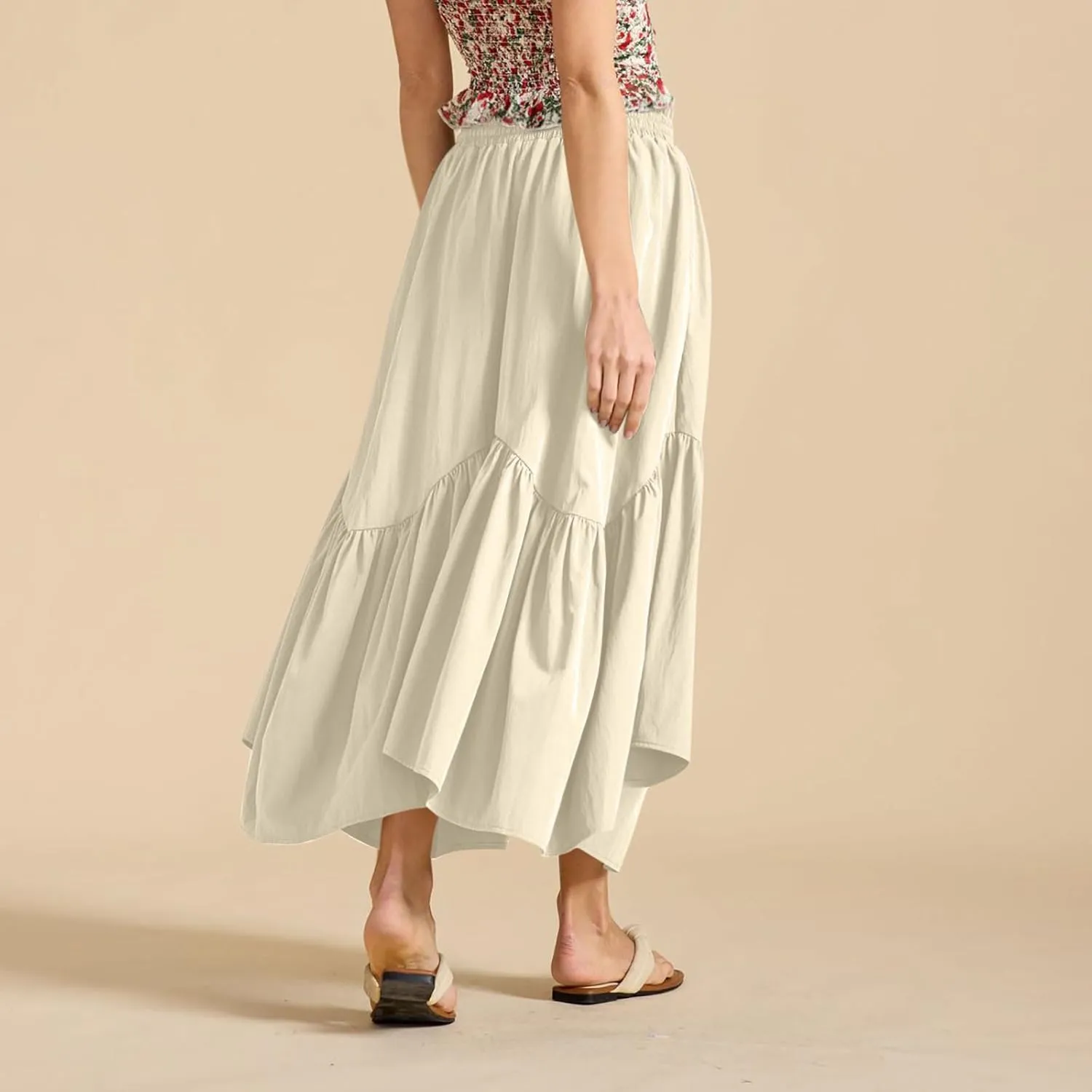 Women Ruched Ruffle Hem Long Skirt, Solid Color Comfy Drawstring Casual Skirts Loose Flowy Summer Clothes with Pockets