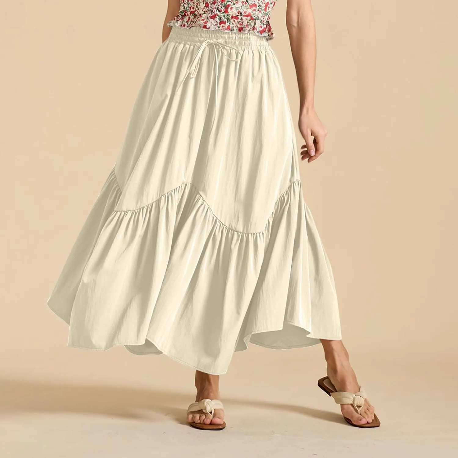 Women Ruched Ruffle Hem Long Skirt, Solid Color Comfy Drawstring Casual Skirts Loose Flowy Summer Clothes with Pockets