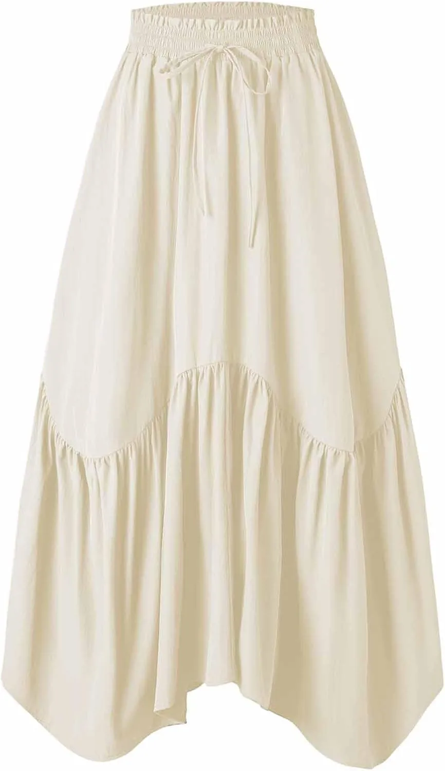 Women Ruched Ruffle Hem Long Skirt, Solid Color Comfy Drawstring Casual Skirts Loose Flowy Summer Clothes with Pockets