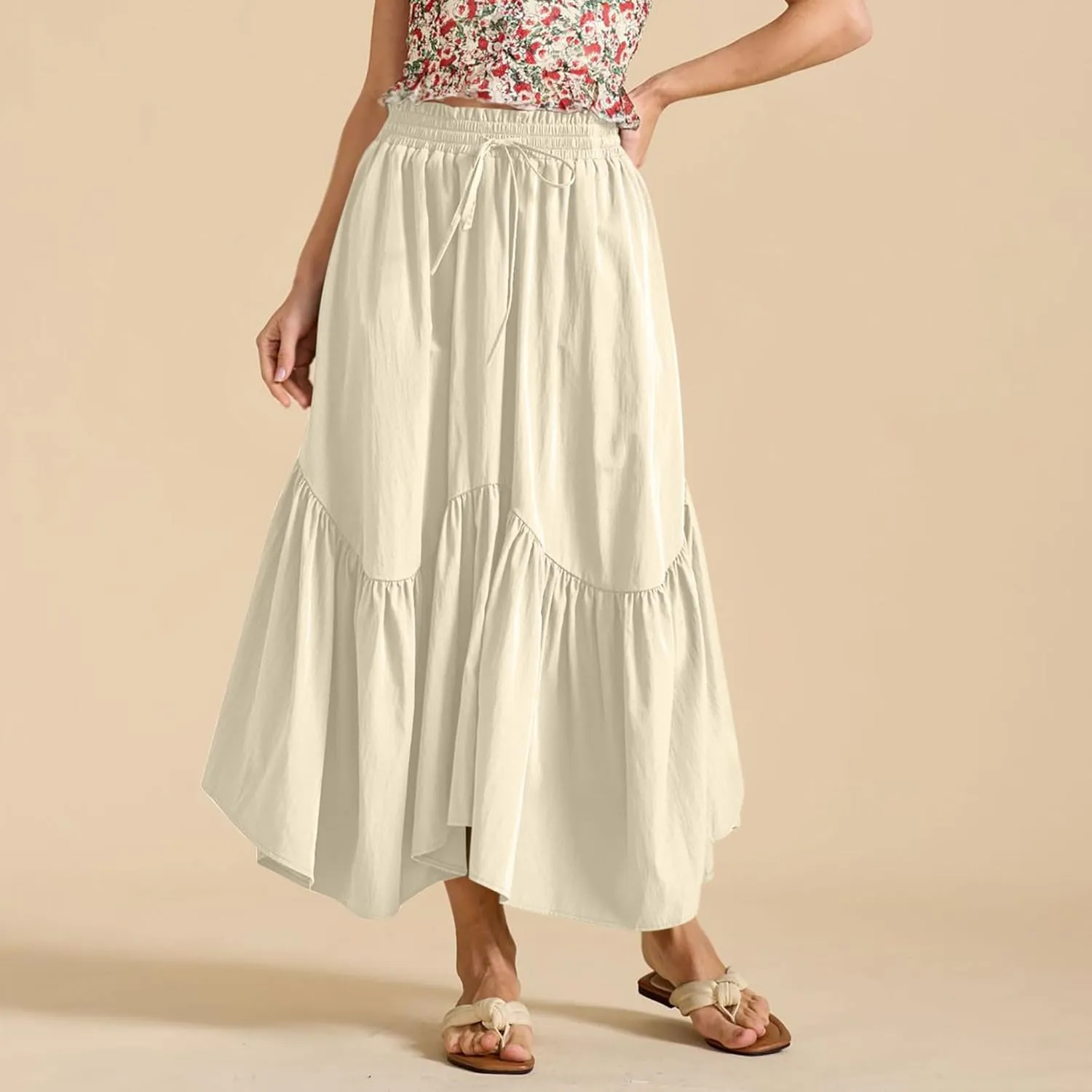 Women Ruched Ruffle Hem Long Skirt, Solid Color Comfy Drawstring Casual Skirts Loose Flowy Summer Clothes with Pockets