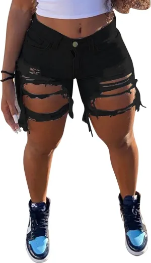 Women Sexy High Waisted Ripped Jean Shorts Distressed Cut Out Straight Leg Frayed Hem Summer Shorts Denim Pants
