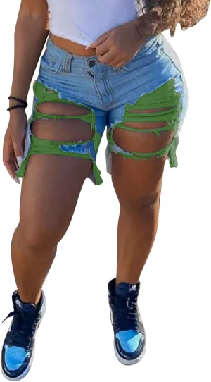 Women Sexy High Waisted Ripped Jean Shorts Distressed Cut Out Straight Leg Frayed Hem Summer Shorts Denim Pants