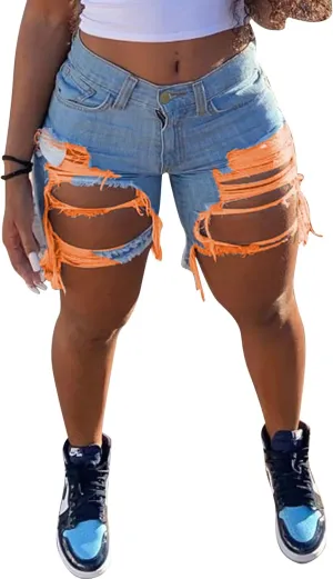 Women Sexy High Waisted Ripped Jean Shorts Distressed Cut Out Straight Leg Frayed Hem Summer Shorts Denim Pants