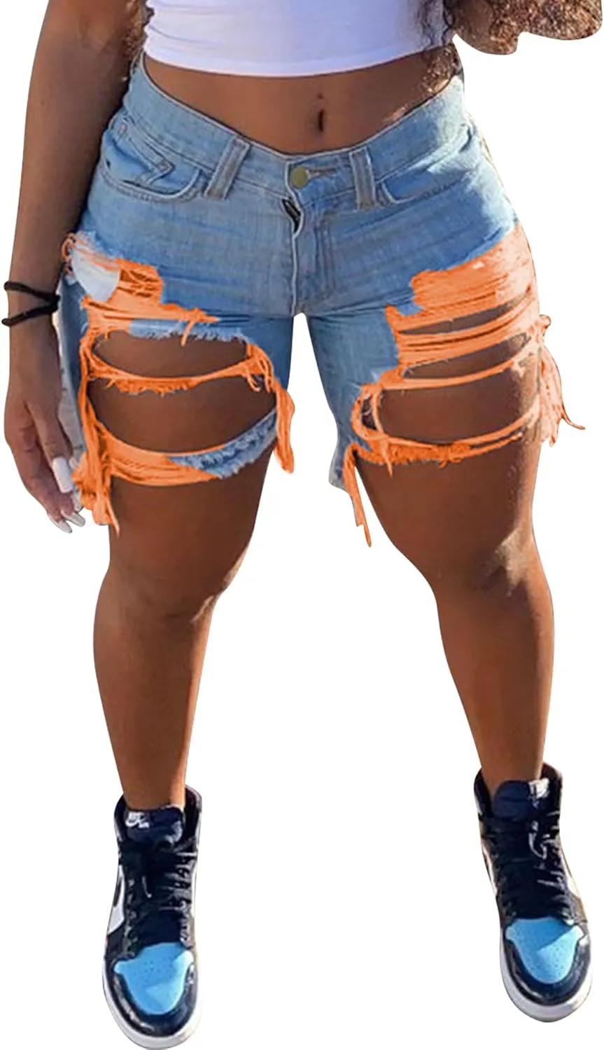 Women Sexy High Waisted Ripped Jean Shorts Distressed Cut Out Straight Leg Frayed Hem Summer Shorts Denim Pants