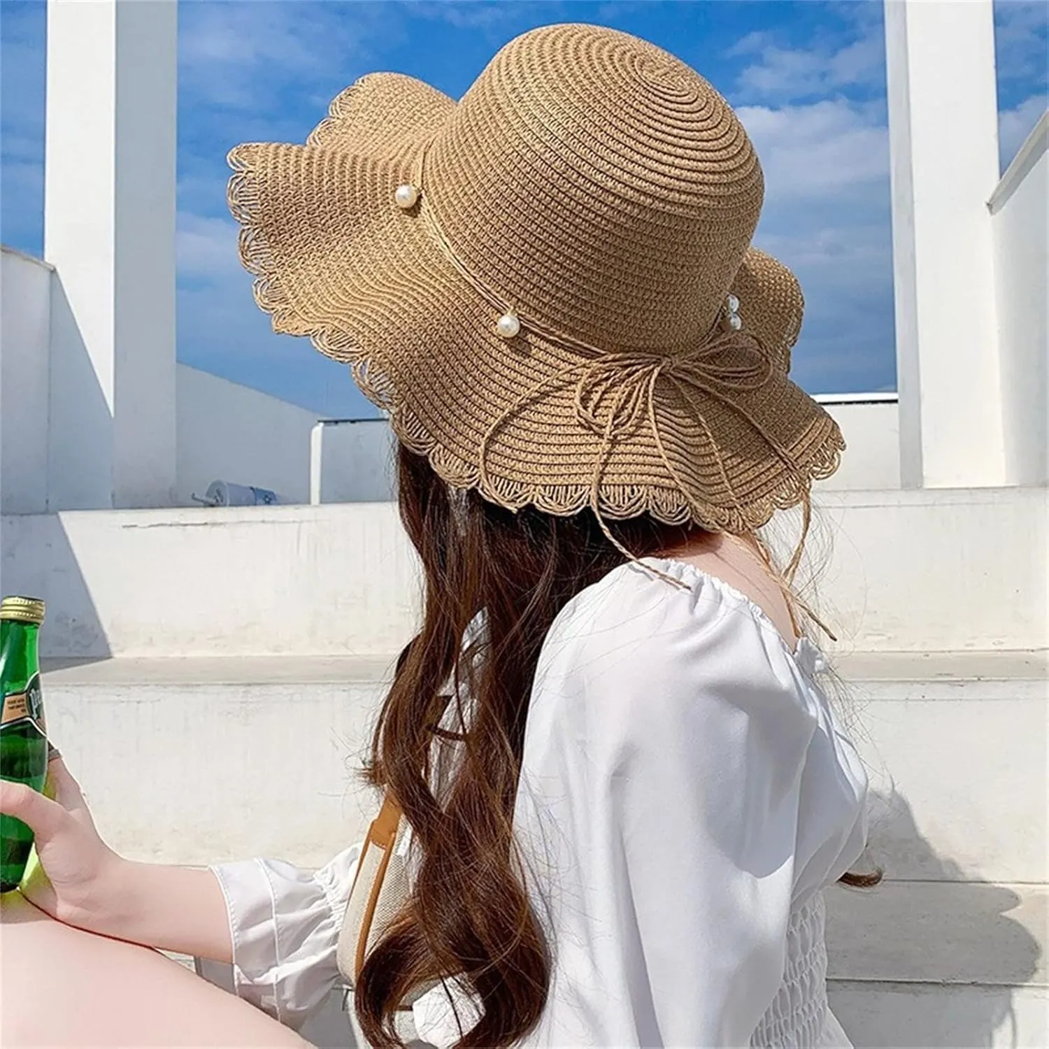 Women Summer Beach Straw Hat with Lace Bow Strap Foldable Wide Brim Floppy Sun Hat Travel Bucket Cap