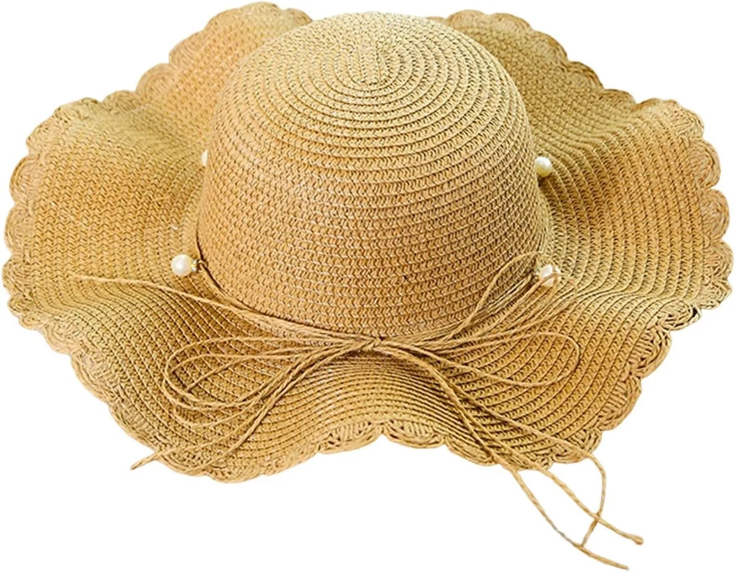 Women Summer Beach Straw Hat with Lace Bow Strap Foldable Wide Brim Floppy Sun Hat Travel Bucket Cap