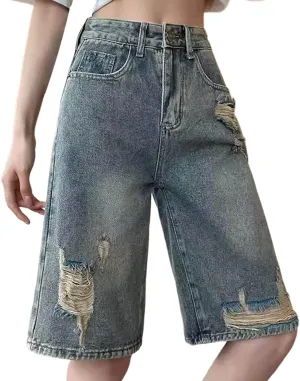 Women Summer Ripped Jean Shorts Stretch Skinny Plus Size Shorts Beach Vacation Casual Trendy Short Pant with Pockets