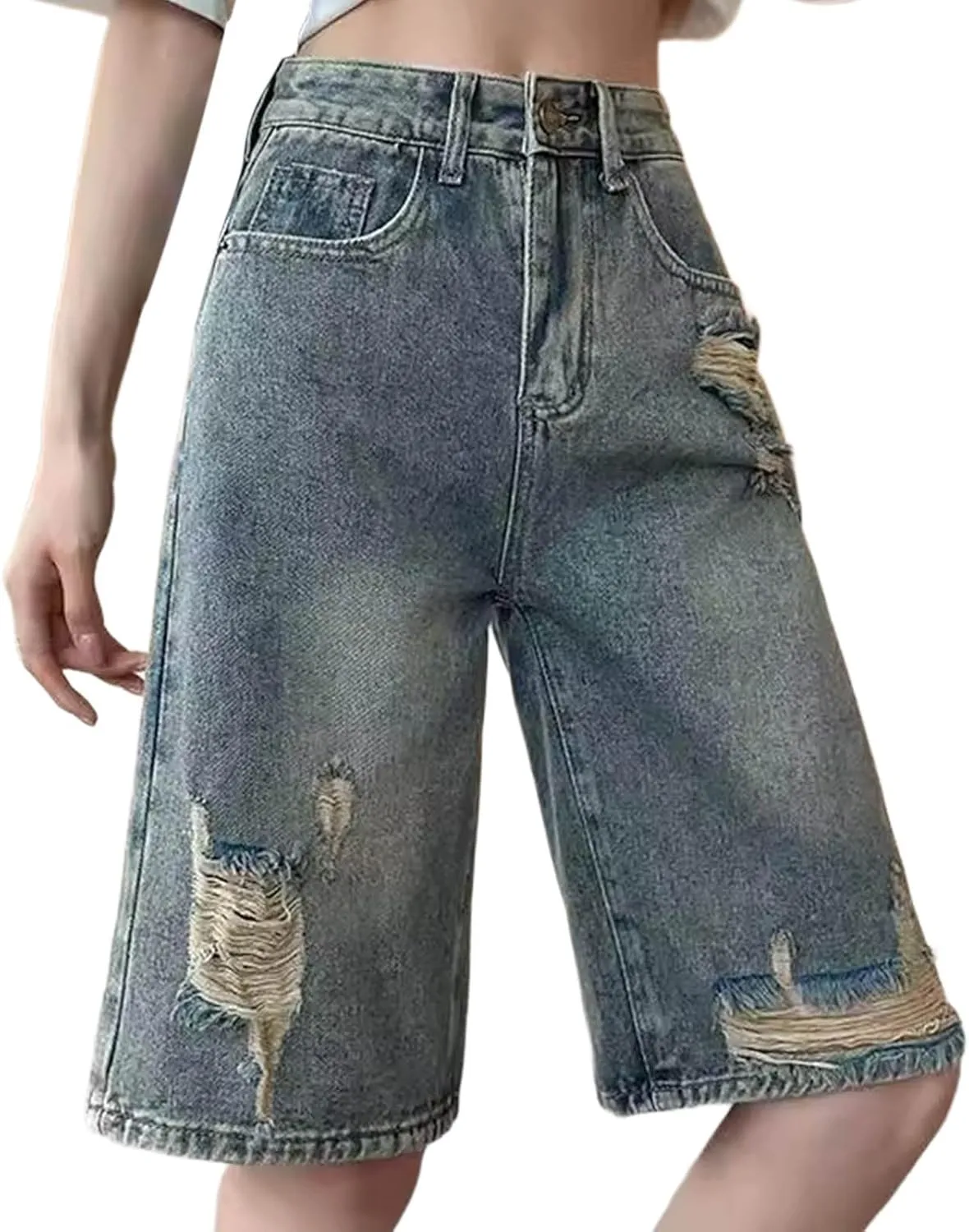 Women Summer Ripped Jean Shorts Stretch Skinny Plus Size Shorts Beach Vacation Casual Trendy Short Pant with Pockets