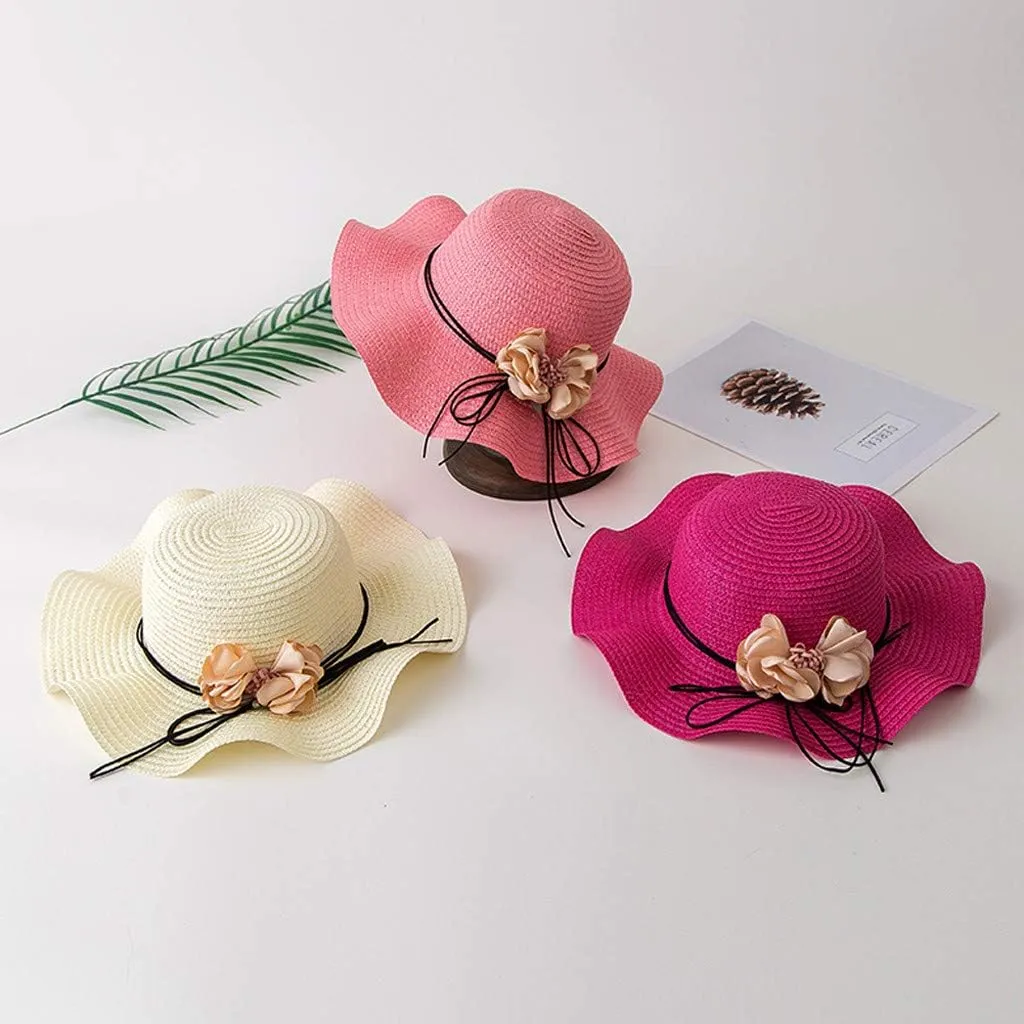 Women Sun Straw Hat Wide Brim UV Sun Protection Summer Beach Floppy Ruffles Cap with Bow Flower Foldable Bucket Hats