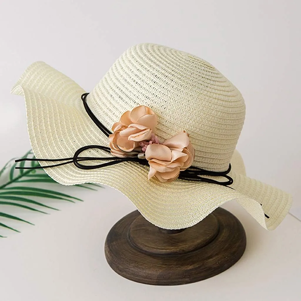 Women Sun Straw Hat Wide Brim UV Sun Protection Summer Beach Floppy Ruffles Cap with Bow Flower Foldable Bucket Hats