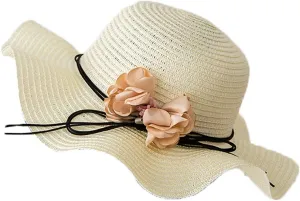 Women Sun Straw Hat Wide Brim UV Sun Protection Summer Beach Floppy Ruffles Cap with Bow Flower Foldable Bucket Hats