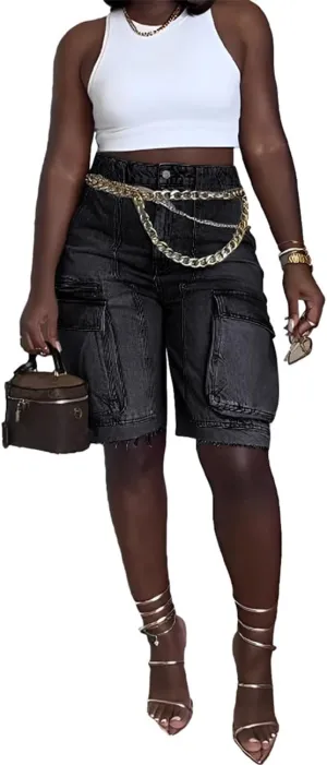 Women Y2k Baggy Denim Shorts Loose Fit Mid Rise Cargo Long Jean Shorts
