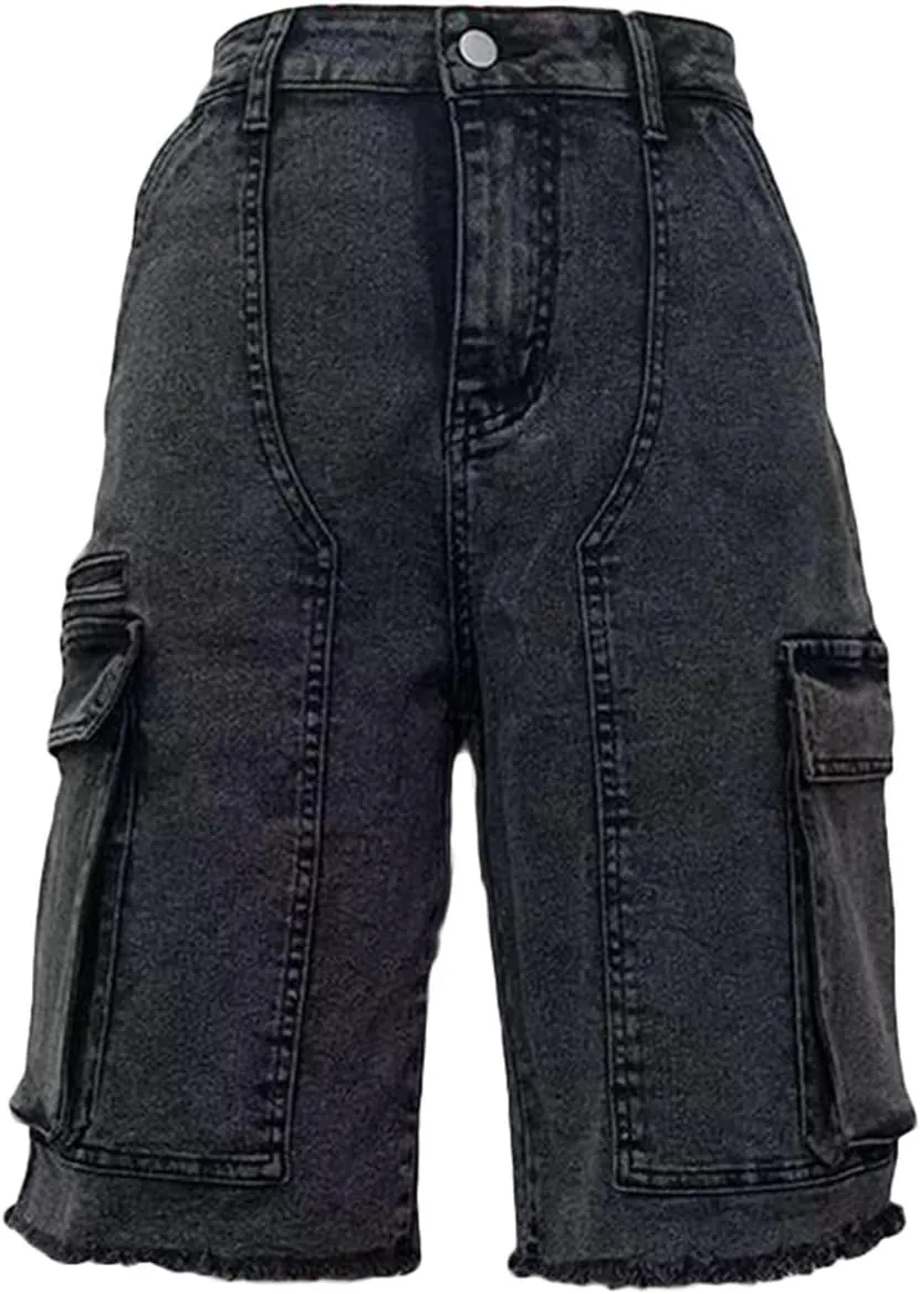 Women Y2k Baggy Denim Shorts Loose Fit Mid Rise Cargo Long Jean Shorts