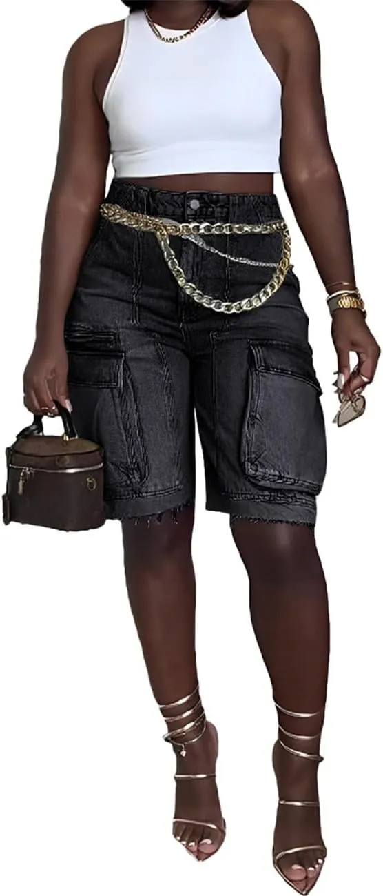 Women Y2k Baggy Denim Shorts Loose Fit Mid Rise Cargo Long Jean Shorts